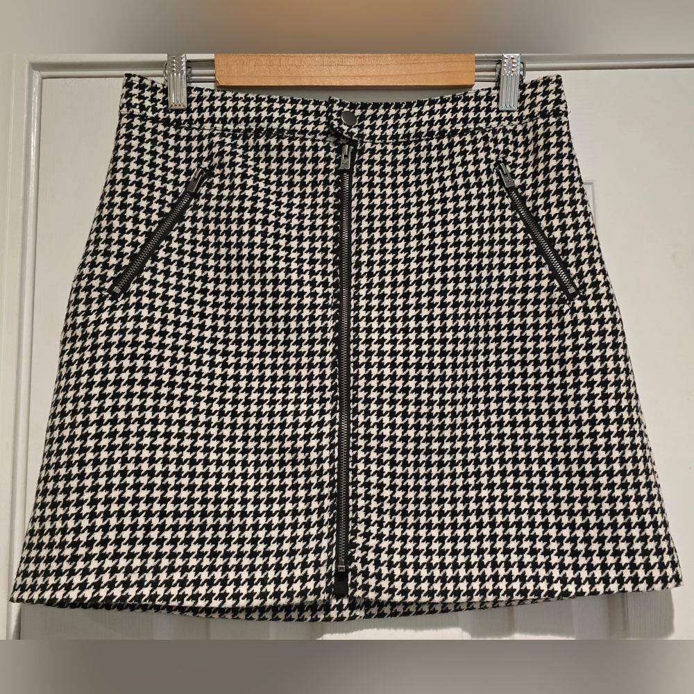 Hollister Mini Skirt Women Size L Black White Houndstooth Zip Pockets Wool Blend